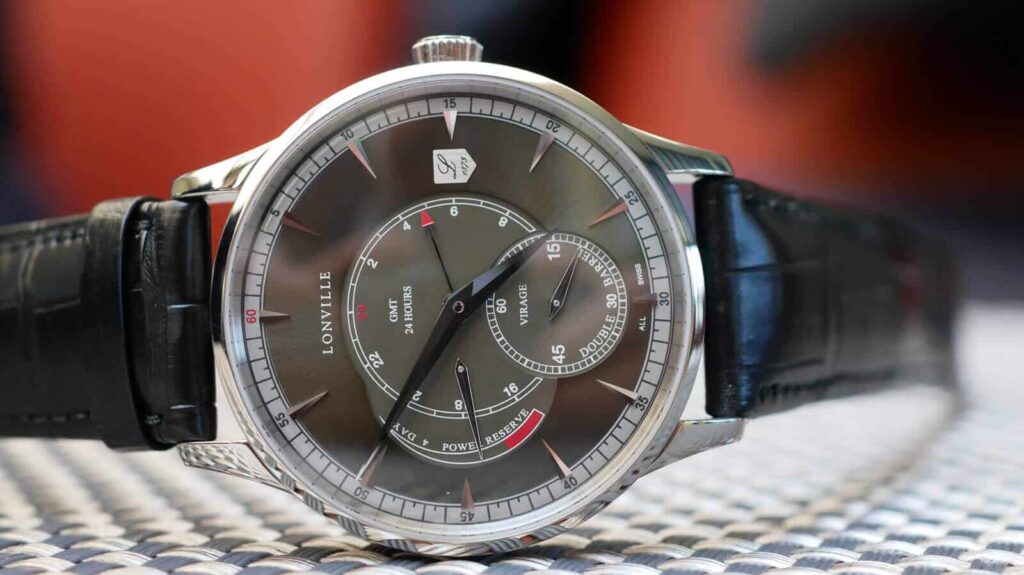 Lonville Gunmetal GMT - gold watch with small seconds, GMT display and power reserve indicator