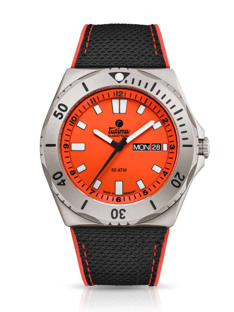 Tutima M2 Seven Seas in signal orange and yellow