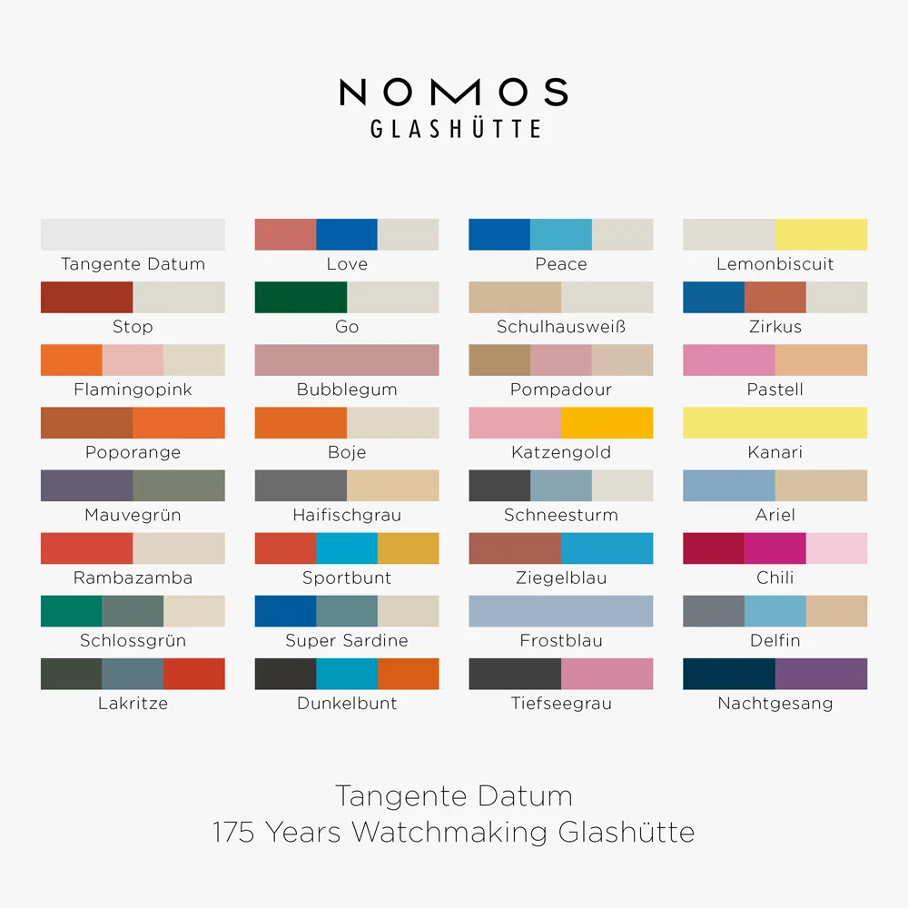 NOMOS Glashütte Tangente 38 Date in 31 colours